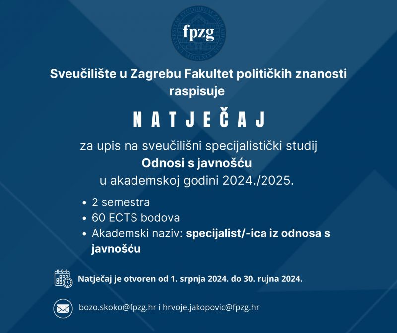 Natječaj za upis na sveučilišni specijalistički studij Odnosi s javnošću u ak. god. 2024./2025.